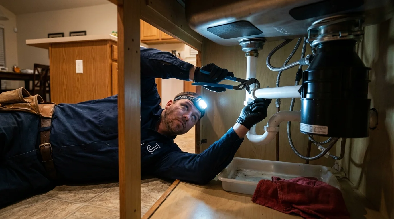 P-trap and supply line connections under a kitchen sink showing a common leak point in Damascus, MD
